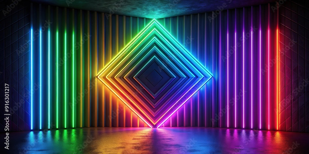 Fototapeta premium Abstract geometric neon background with multicolored gradient light on black wall illuminated by modern LED lamp