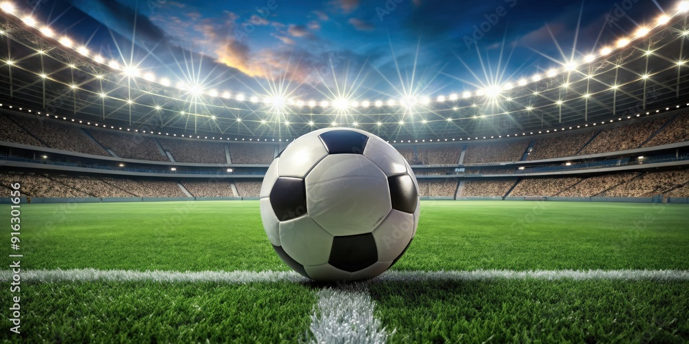 Fototapeta premium Soccer ball on a football field, soccer, ball, field, sports, game, competitive, grass, stadium, pitch, goal, match