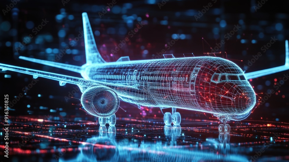 High-tech wireframe airplane with a futuristic aesthetic, symbolizing the future of aviation and digital engineering. High-tech wireframe airplane with a futuristic aesthetic, symbolizing the future of aviation and digital engineering.