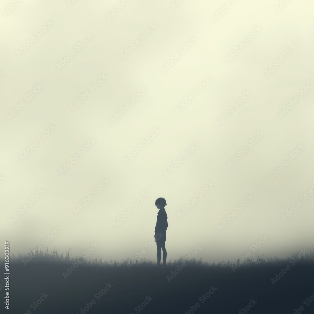 Silhouette of a person standing in a foggy field. Silhouette of a person standing in a foggy field.