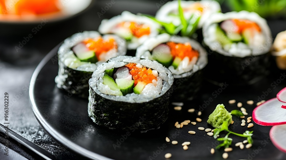 A delicious sushi meal featuring salmon maki rolls A delicious sushi meal featuring salmon maki rolls