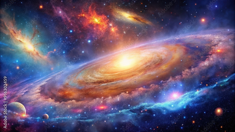 Distant universe with glowing stars, colorful nebula, and expansive galaxy, cosmos, astronomy, deep space, celestial Distant universe with glowing stars, colorful nebula, and expansive galaxy, cosmos, astronomy, deep space, celestial