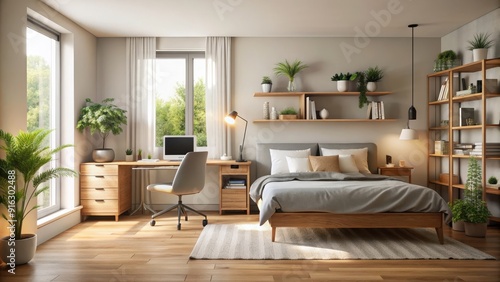 Serene bedroom with cozy modern workspace , intimate, bedroom, cozy, workspace, modern, serene, peaceful, minimalistic