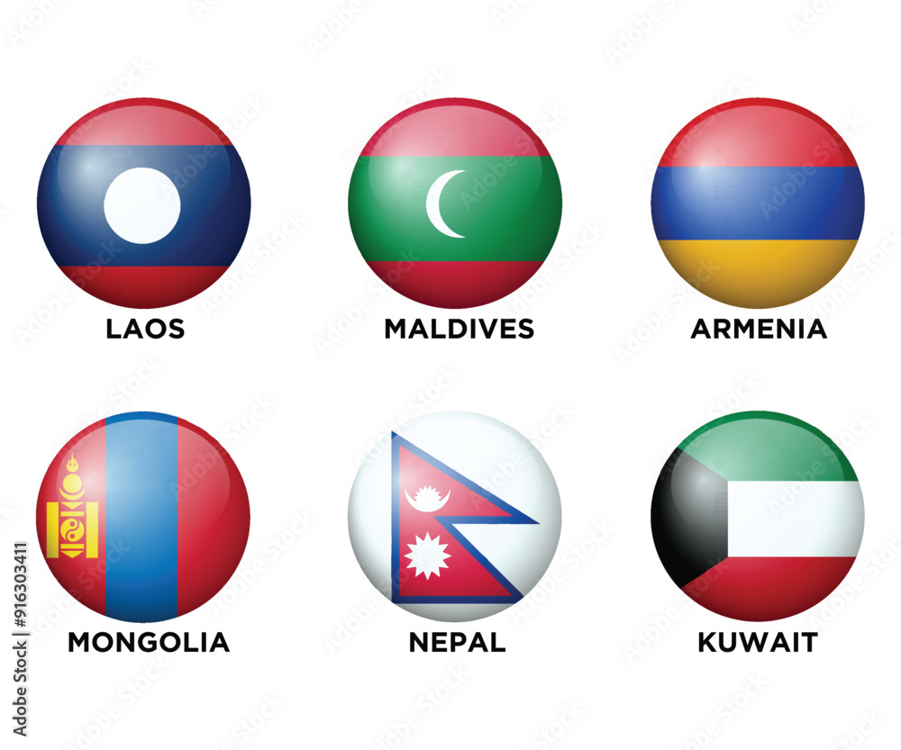 Set of 6 Asian Countries Realistic 3d flags in round shape icons. Asian flags are isolated on a white background. Vector illustration. Set 8 Set of 6 Asian Countries Realistic 3d flags in round shape icons. Asian flags are isolated on a white background. Vector illustration. Set 8