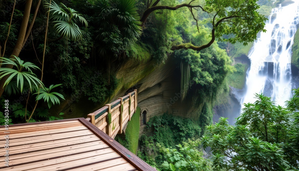 Wooden Bridge Overlooking Lush Waterfall. Wooden Bridge Overlooking Lush Waterfall.