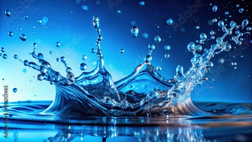 Close up of water splashing against vibrant blue background, splash, water, blue, vibrant, close up, refreshing, liquid photo