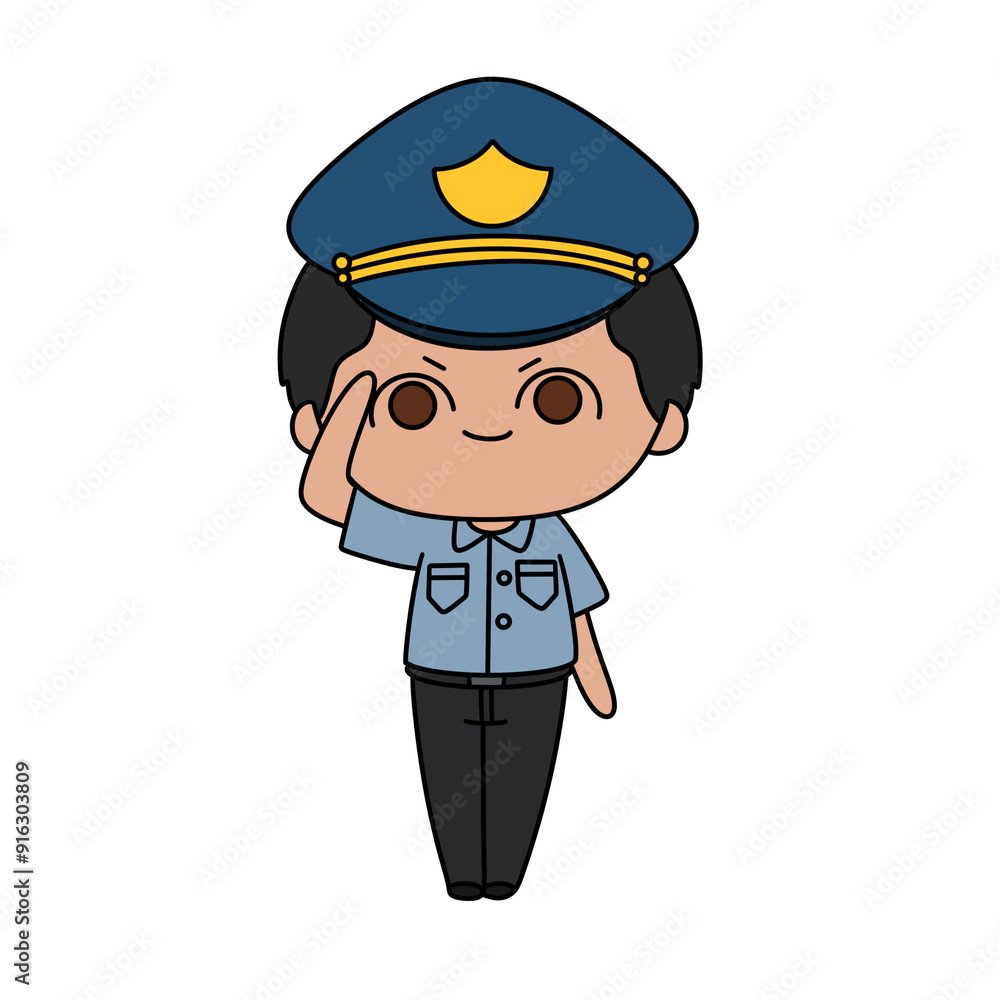 A cartoon police officer salutes the camera A cartoon police officer salutes the camera