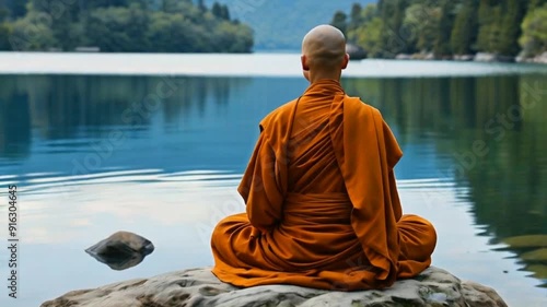 individual in orange robes meditating by calm lake
