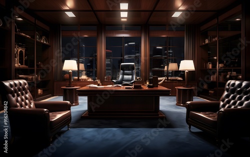 Luxurious Executive Office with Dark Wood Paneling and Leather Chairs
