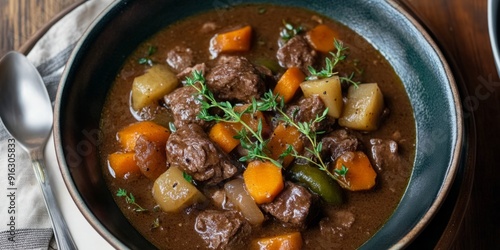 Tempting High-End Homestyle Stew with Root Vegetables: A Luxurious Close-up Shot in a Kitchen at Daytime