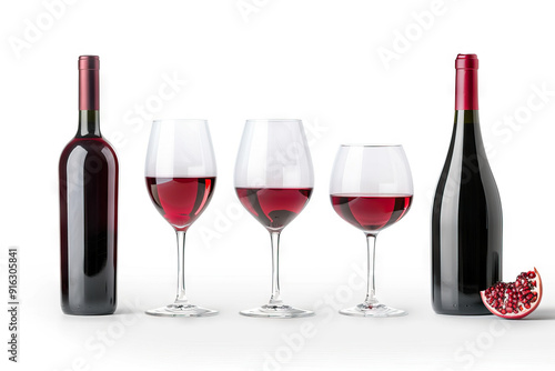  arrangement of two wine bottles and three glasses filled with red wine, accompanied by a sliced pomegranate, presenting an elegant and luxurious setting perfect for wine tasting or celebration. photo