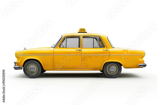 vintage yellow taxi car, isolated on a white background, evoking nostalgia and the charm of classic transportation, ideal for themes related to travel, retro style, and urban culture. photo