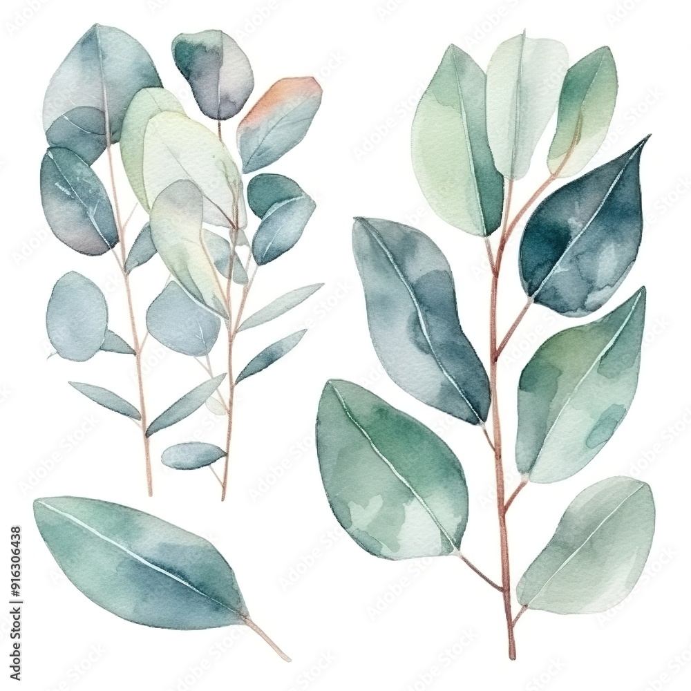 Watercolor painting of eucalyptus leaves isolated on white. Watercolor painting of eucalyptus leaves isolated on white.
