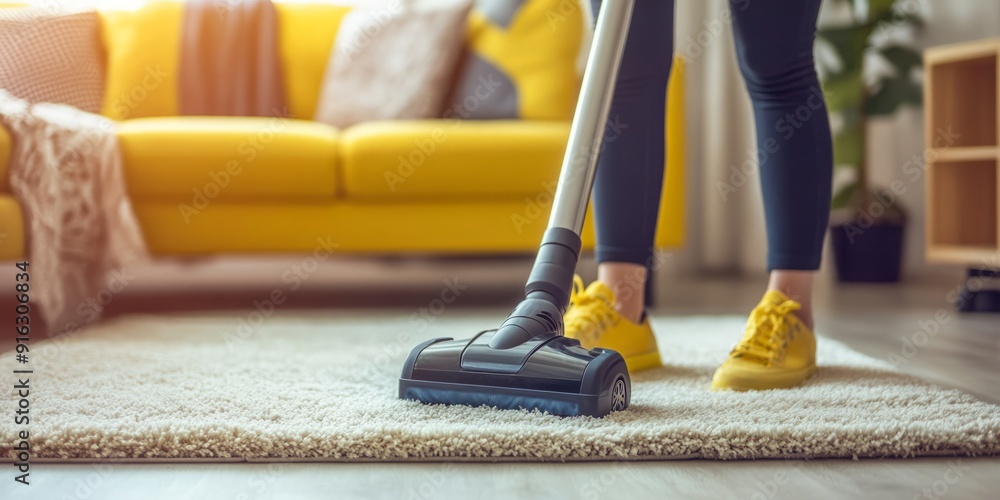 Efficient Home Hygiene: A Person Vacuuming the Carpet in a Well-Appointed Living Room Efficient Home Hygiene: A Person Vacuuming the Carpet in a Well-Appointed Living Room