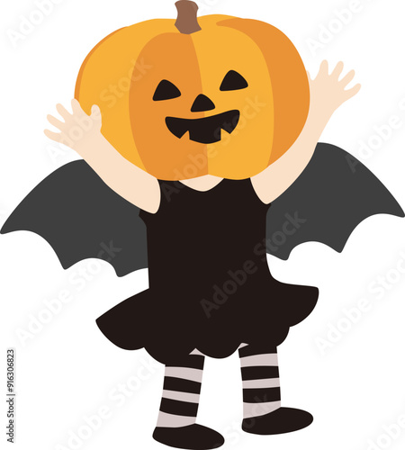 ハロウィンでジャック・オー・ランタンの仮装をする子どものベクターイラスト