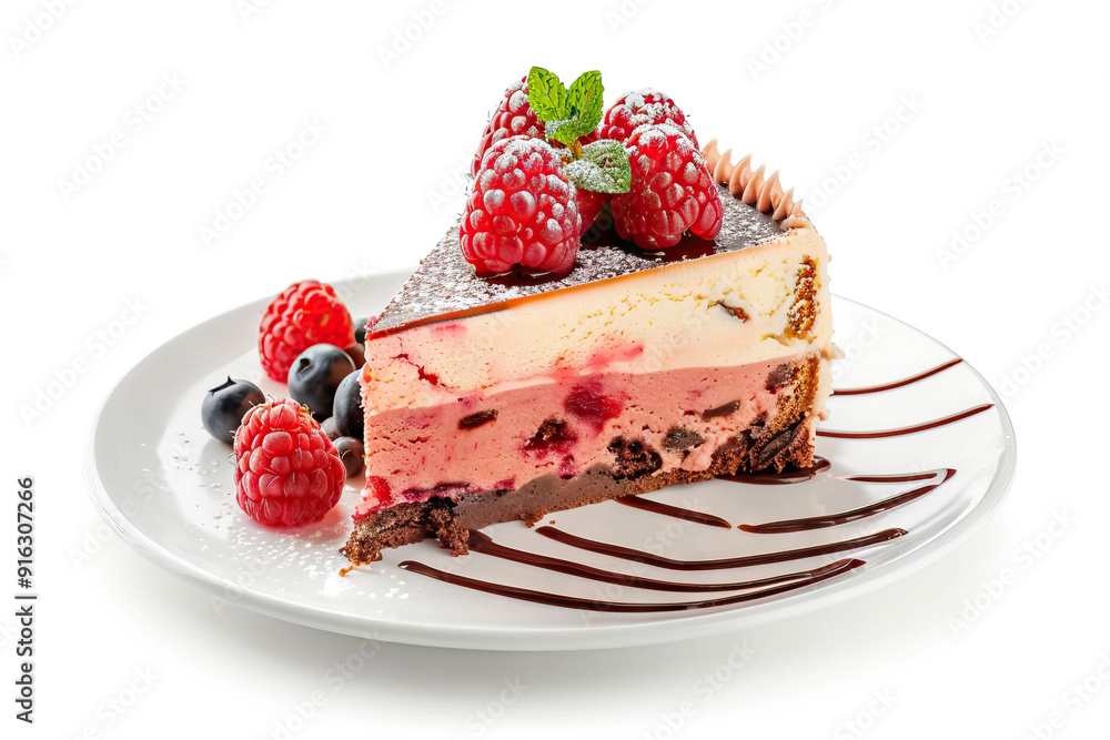 Slice of creamy cheesecake topped with fresh raspberries, blueberries, and a sprig of mint, elegantly plated with a drizzle of chocolate syrup on a white plate, capturing a delicious dessert moment. Slice of creamy cheesecake topped with fresh raspberries, blueberries, and a sprig of mint, elegantly plated with a drizzle of chocolate syrup on a white plate, capturing a delicious dessert moment.