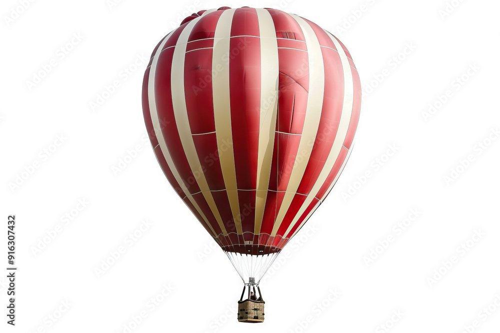 Naklejka premium Red and white striped hot air balloon in flight against a plain white background, capturing the essence of adventure and exploration. The basket beneath the balloon hangs suspended in mid-air.