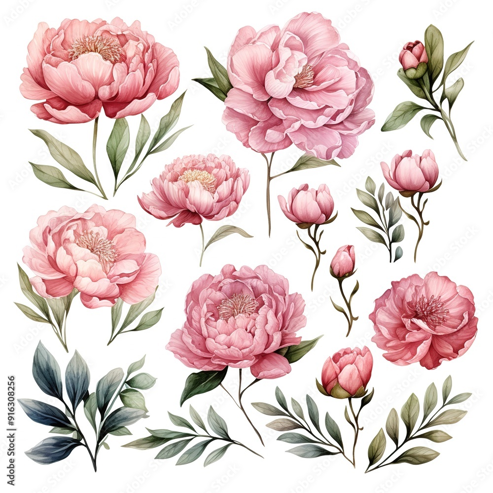 Watercolor set of pink peonies with green leaves, perfect for wedding invitations, floral designs. Watercolor set of pink peonies with green leaves, perfect for wedding invitations, floral designs.