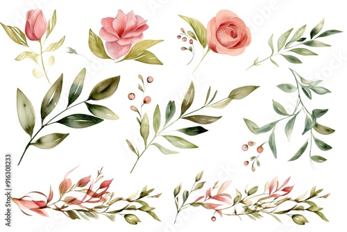 Watercolor set of pink flowers and green leaves.