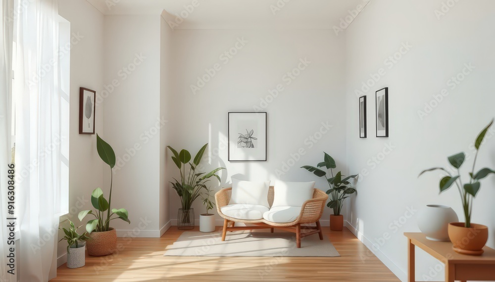 Minimalist Living Room Interior Design with White Sofa and Plants. Minimalist Living Room Interior Design with White Sofa and Plants.