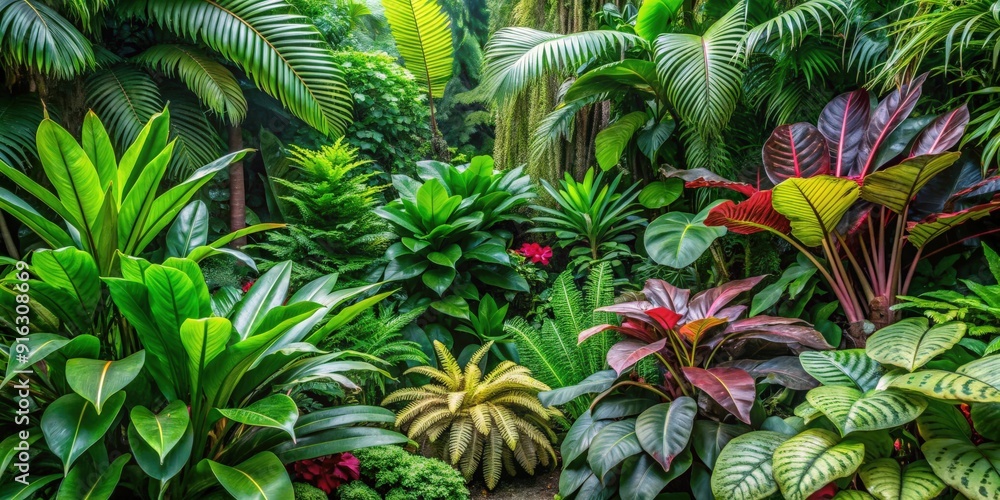 Fototapeta premium Lush tropical garden with vibrant green foliage and diverse exotic plants, showcasing rich textures and colors, ideal for nature photography, botanical inspiration, and exotic landscape design concept