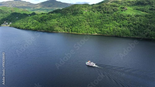 Aerial View of a Tour Boat on Loch Lomond in Scotland