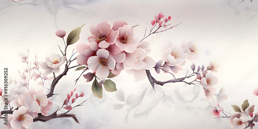 Naklejka premium Seamless Watercolor Abstract Spring Natural Floral Blossom White, Pink, Red, Purple, and Blue Flower on a Branch Pattern With Delicate Plant and Flower Leaves Border on Lite Background