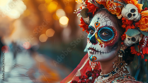 Portrait of a woman wearing beautiful Day of the Dead costumes and skull makeup.