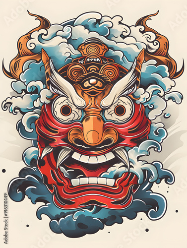Kokushikijo Mask traditional tattoo illustration