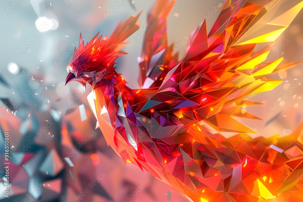 Flaming Phoenix Amidst Polygonal Geometric Shapes 3D Digital Artwork Flaming Phoenix Amidst Polygonal Geometric Shapes 3D Digital Artwork