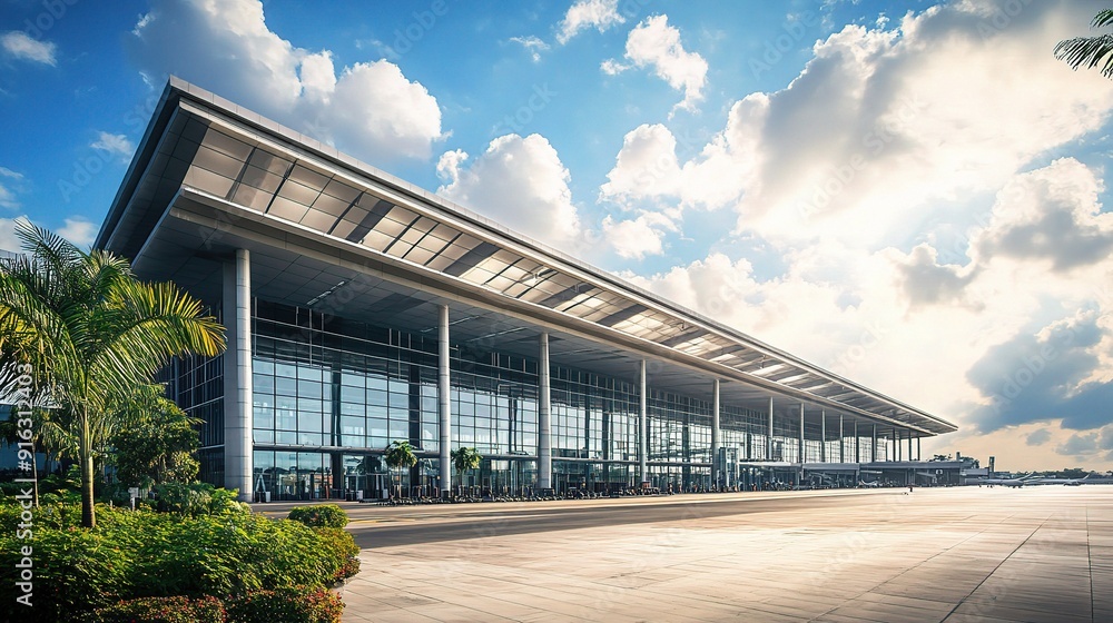 Modern Airport Terminal: Sunlit Exterior. A sleek, modern airport terminal basks in the sunlight, showcasing its impressive architecture and expansive design. Modern Airport Terminal: Sunlit Exterior. A sleek, modern airport terminal basks in the sunlight, showcasing its impressive architecture and expansive design.