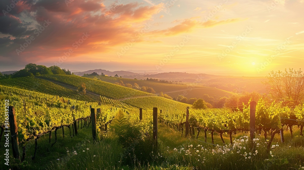 Naklejka premium Sunset over Rolling Hills with Vineyards and Lush Green Foliage