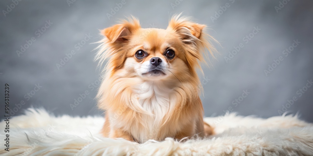 Adorable Pomeranian mixed breed Pekingese dog sitting on a fluffy blanket , cute, puppies, small, fluffy, pets, canine, domestic Adorable Pomeranian mixed breed Pekingese dog sitting on a fluffy blanket , cute, puppies, small, fluffy, pets, canine, domestic