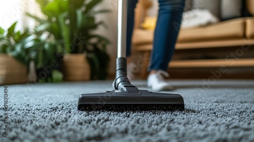 Close-up of vacuuming carpet with modern vacuum cleaner. photo