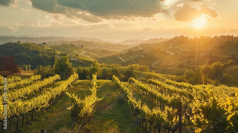 Fototapeta premium Sunset over rolling hills with vineyard in foreground