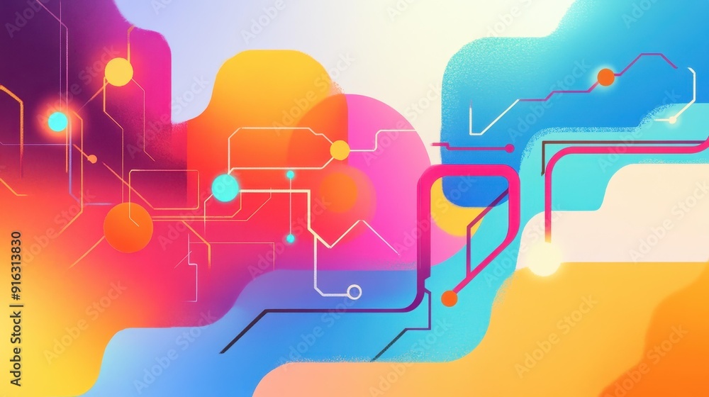 Naklejka premium Explore the vibrant world of modern tech where intricate circuits connect and innovate in cartoonstyle illustrations.