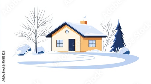 A cozy house in a snowfield, blending warmth and charm in a modern cartoonstyle illustration.