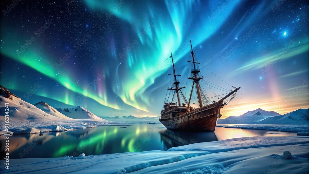 Old ship stuck in ice with Aurora Borealis in background, ship, ice, frozen, stuck, stuck, frozen, cold, winter Old ship stuck in ice with Aurora Borealis in background, ship, ice, frozen, stuck, stuck, frozen, cold, winter
