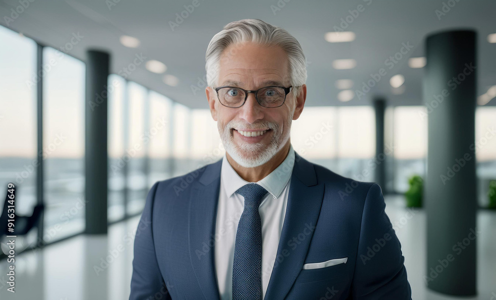 A portrait of a successful senior businessman consultant, confidently looking at the camera and smiling, dressed in a sharp suit, standing inside a modern office building with large windows A portrait of a successful senior businessman consultant, confidently looking at the camera and smiling, dressed in a sharp suit, standing inside a modern office building with large windows