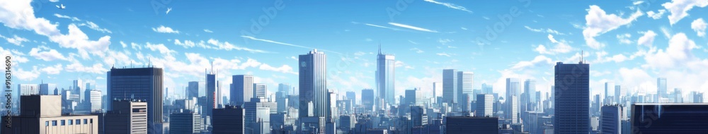 Fototapeta premium Urban Utopia: Anime-Style Cityscape Representing the Ideal City Environment for Abstract and Conceptual Art in Gaming and Storytelling