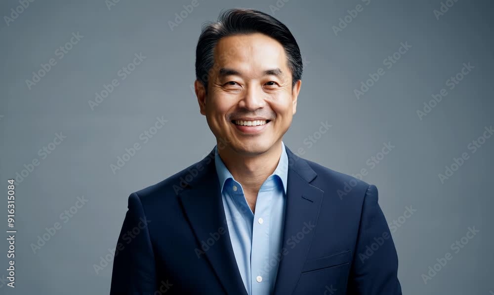40-year-old Asian businessman CEO in navy blue suit and light blue shirt smiling against a neutral gray background 40-year-old Asian businessman CEO in navy blue suit and light blue shirt smiling against a neutral gray background