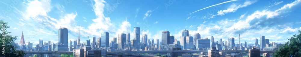 Obraz premium Urban Utopia: Anime-Style Cityscape Representing the Ideal City Environment for Abstract and Conceptual Art in Gaming and Storytelling