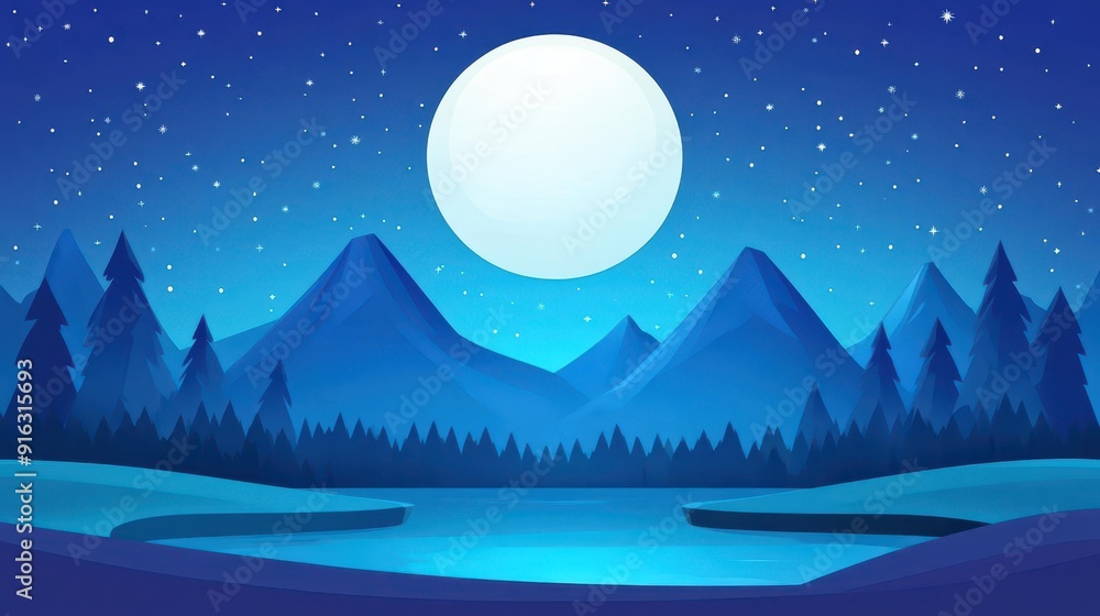 Fototapeta premium A stunning mountain range glows under a luminous moon, with vibrant stars sparkling in a cartoonstyle night scene.
