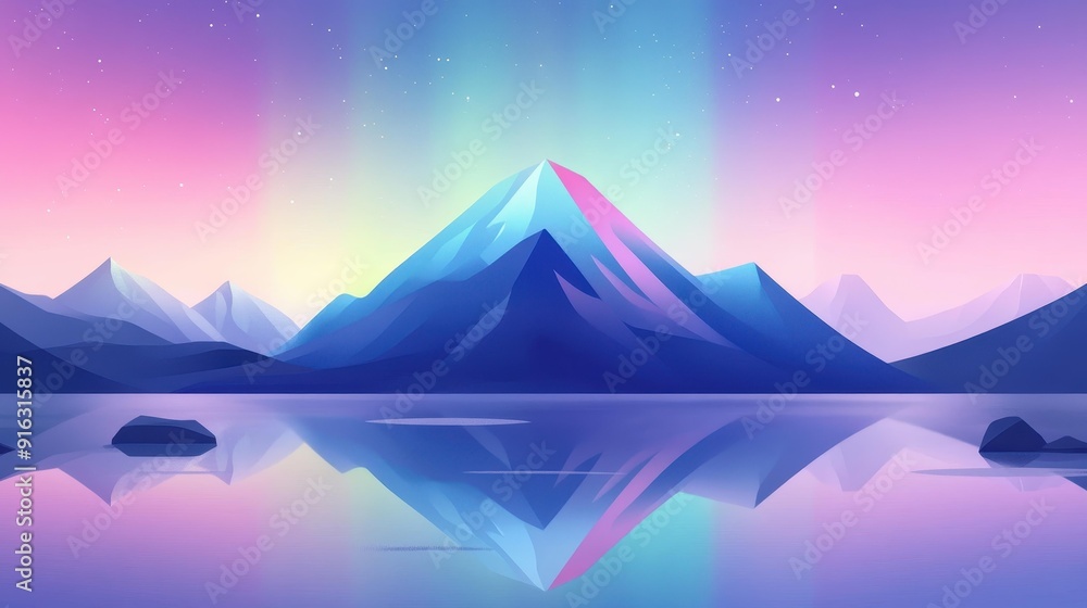 Witness a stunning aurora borealis reflecting in a still mountain lake, captured in vibrant cartoonstyle art. Witness a stunning aurora borealis reflecting in a still mountain lake, captured in vibrant cartoonstyle art.