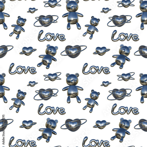 seamless pattern of bear character 3d metallic y2k chrome background repeatable cosmic wallpaper