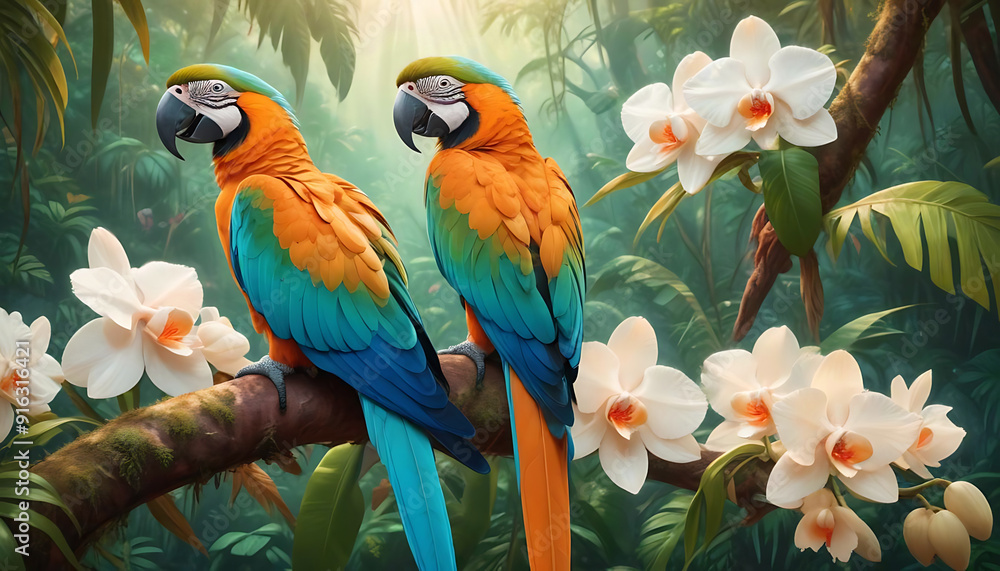 Obraz premium two parrots are sitting on a branch with flowers in the background
