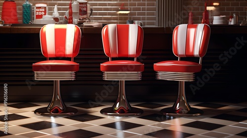 Retro Red Vinyl Bar Stools at an Old-fashioned Diner Counter