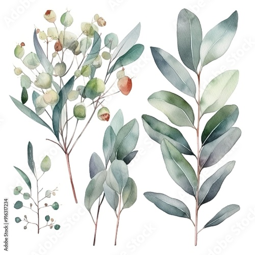 Watercolor painting of green leaves and berries.