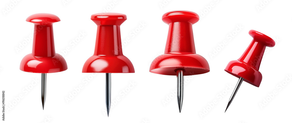 A collection of vibrant red pushpins, perfect for office, school, or craft use, showcasing their sharp metal points and plastic tops. A collection of vibrant red pushpins, perfect for office, school, or craft use, showcasing their sharp metal points and plastic tops.