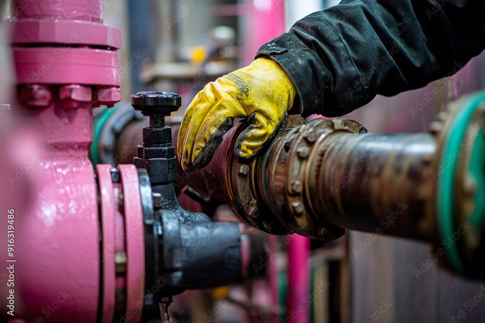 Fototapeta premium Constructor worker hand holding gas test leak detector device while commencing safety gas testing atmosphere at main entry and exit on confined space door